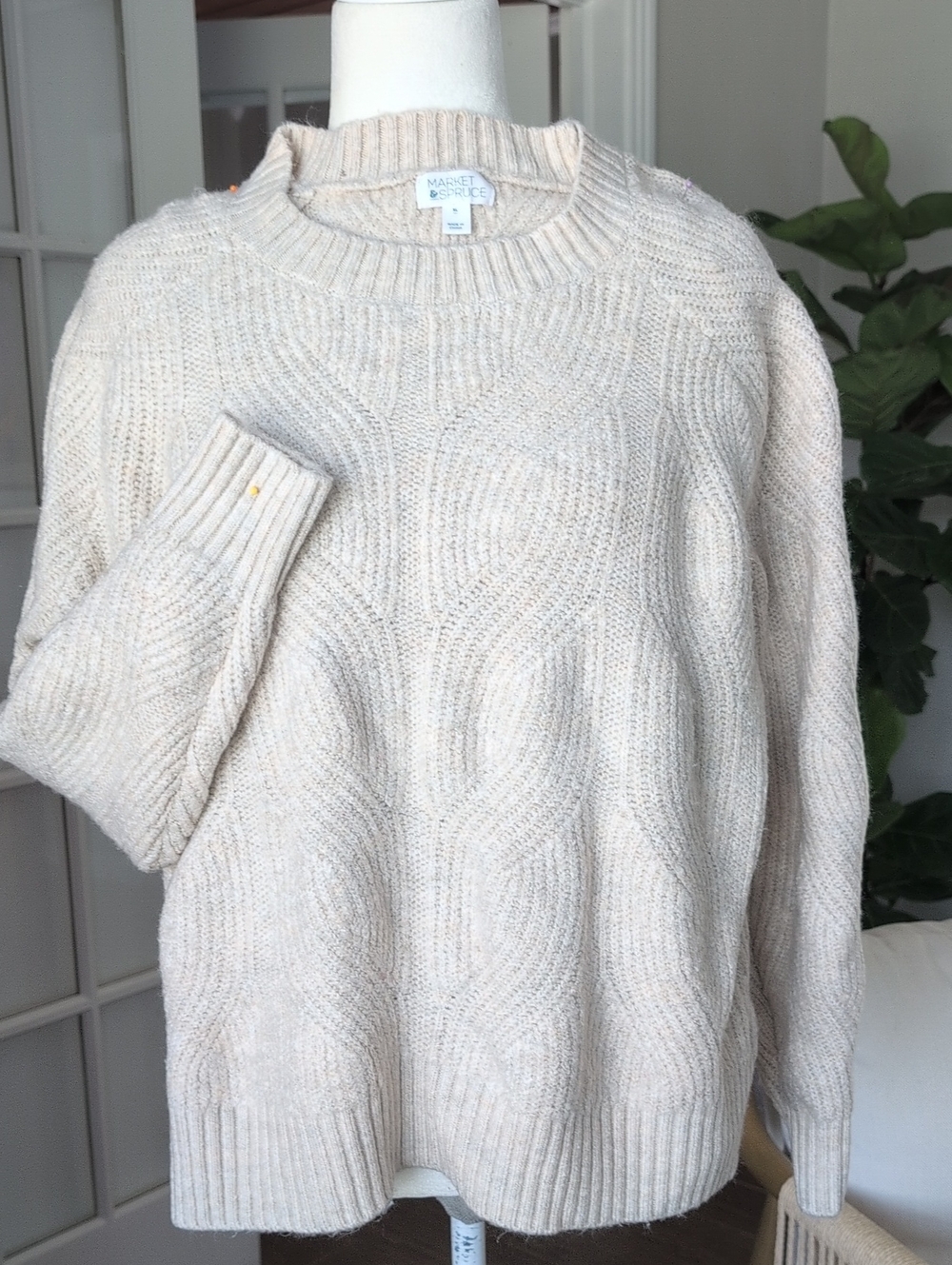 Market & Spruce Oatmeal Cable Crewneck Chunky Sweater XL